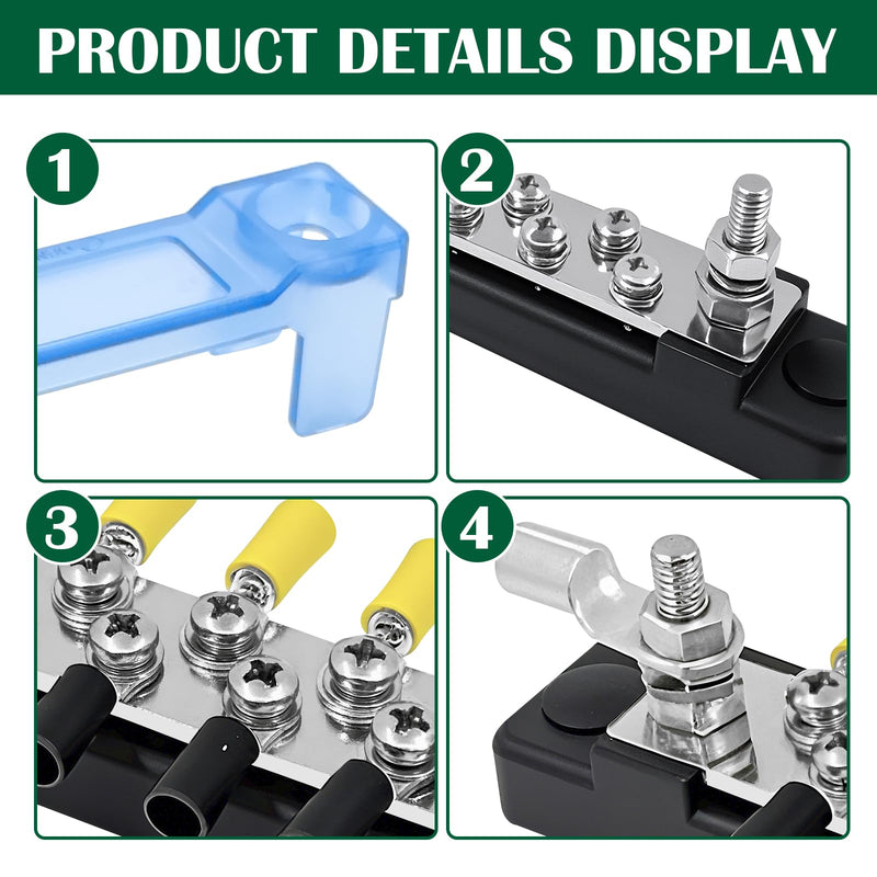 Ground Bus Bar 12V Marine 150A Battery Terminal Block Waterproof 2Pcs | Power Distribution Block with 2 x M6 Post,10 x M4 Terminal Screws Negative Buss Bar for RV 10 Screws Bus Bar