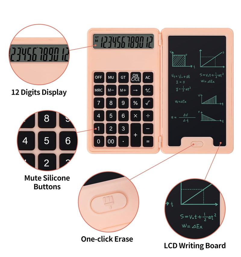 Desk Calculator, Portable Calculator with Notepad, Basic Calculator with Writing Tablet, 12 Digit Large Display Calculators with Stylus, Multi-Function Calculator for Office, School & Home(Pink) Pink