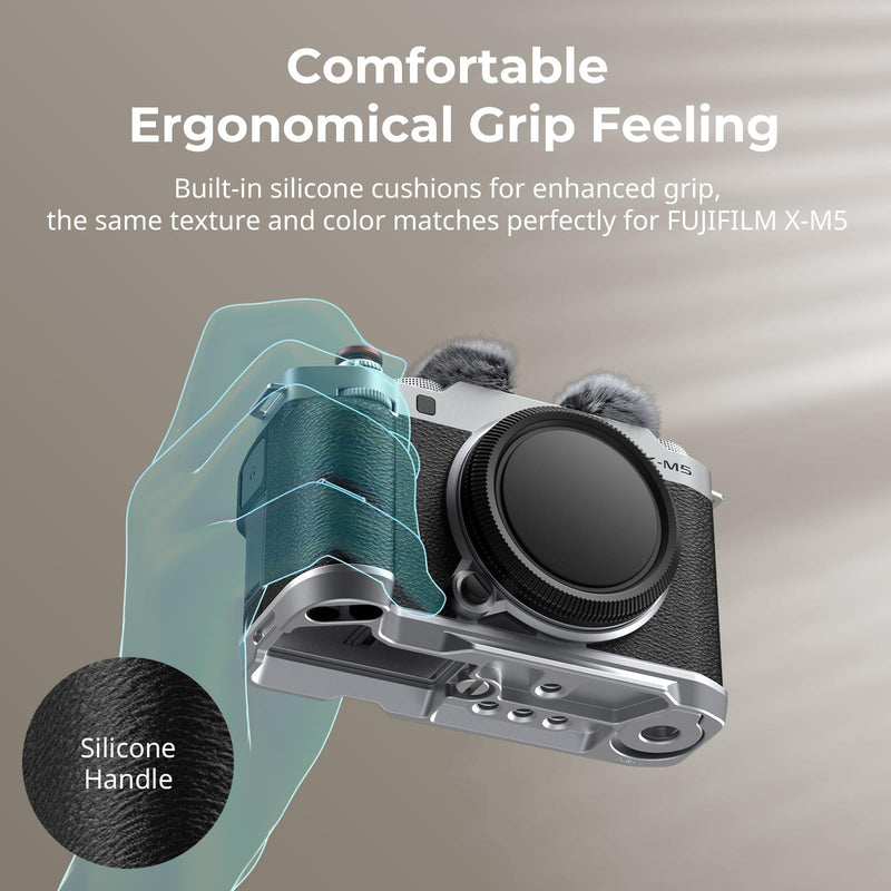SMALLRIG X-M5 Handgrip L-Shape Grip for FUJIFILM X-M5, Built-in Quick Release Plate for Arca, Lightweight Silicone Side Handle, Includes Windshield with Cold Shoe Adapter (Sliver) - 4875 Siliver