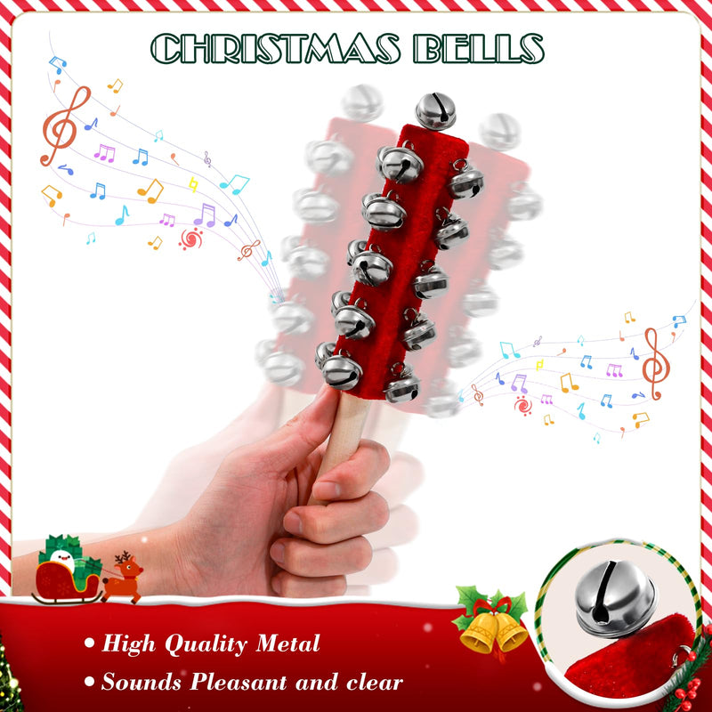 4 Pcs Christmas Sleigh Bells Wooden Handle Jingle Bells Instrument Musical Hand Bell Shaker Rattle Musical Percussion Instrument for Xmas Holiday Party (Red) Red