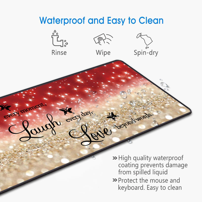 Desk Pad Gaming Mouse Pads with Coasters,31.5"x 11.8" Large Non-Slip Rubber Base Mousepad with Stitched Edges for Office & Home,Red Glitter Quote Live Every Moment, Laugh Every Day, Love Beyond Words