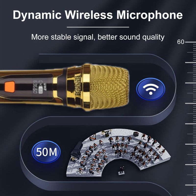 Handheld Wireless Microphone, Rechargeable UHF Microphone, 200Ft, Plating Gold 2 MIC,Handheld Dynamic Wireless Mic for Large Stage Singing Karaoke Wedding DJ Party Speech Church Class Use PA System Golden 2-Mic