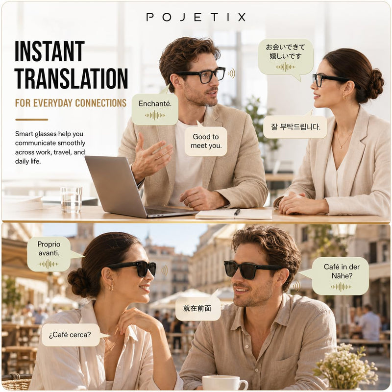 Smart Glasses with Camera for Travel, Recording, Translation, Music Player | 8MP camera, voice control, real-time translation, object recognition, photochromic lenses and open-ear audio