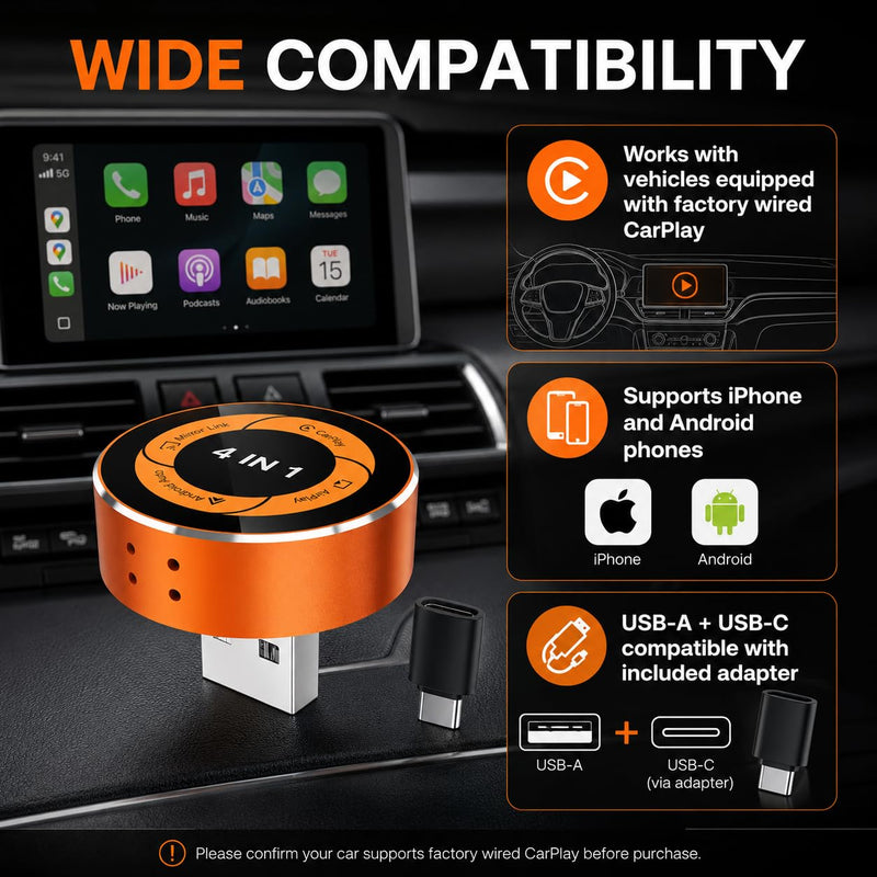 4-in-1 Wireless CarPlay Adapter, Converts Wired CarPlay & Android Auto to Wireless, Supports AirPlay & Screen Mirroring, Auto Reconnect, USB-A/C Included, Plug and Play