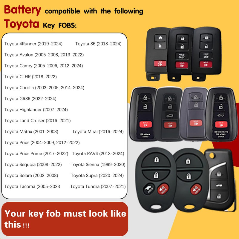 Replacement for Toyota Key Fob Battery, CR2032 Key Fob Batteries fits RAV4 Camry Corolla Highlander Prius Sienna Tacoma Tundra 4Runner Avalon CHR Sequioa Supra GR86 (Pack of 2) Smart Remote Battery