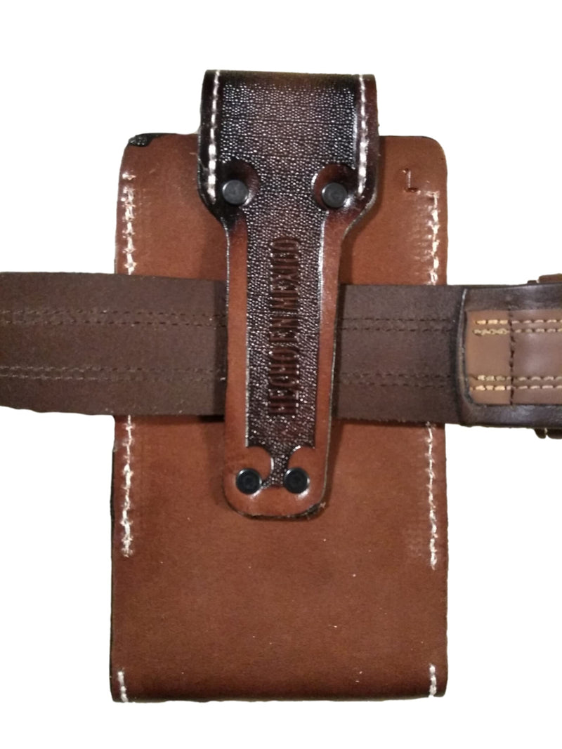 Western autentic Tooled Leather Mexican Cell Phone case for Belt. Men and Horse Pray Design. with Magnetic Closure. Universal Size (Brown) brown