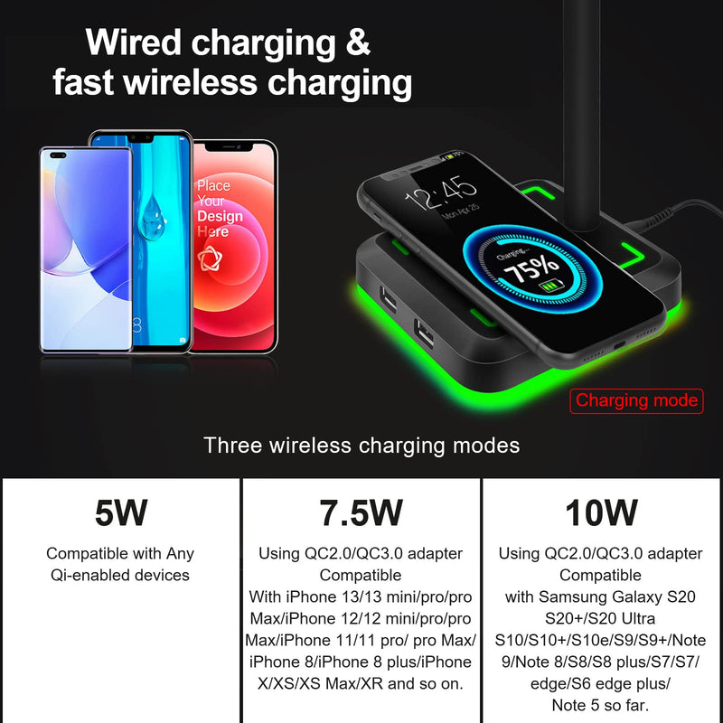 Headphone Stand with Wireless Charger TEEDOR RGB Gaming Headset Holder Hanger Rack with 10W/7.5W QI Charging Pad & 2 USB Charger Ports for Desktop PC Game Earphone Accessories, Black