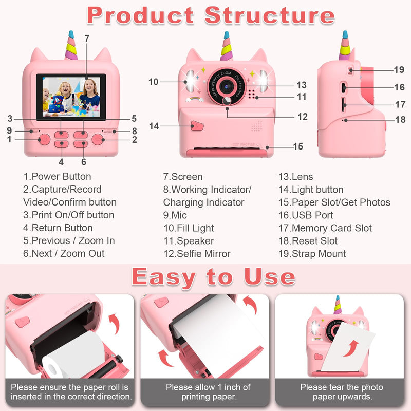 Instant Print Camera for Kids - Christmas Birthday Gift Toy for Girl Boy Age 3-9, Children Selfie Digital Cameras with Cartoon Soft Silicone Cover, Print Black White Photo with 32GB Card (Pink) Pink