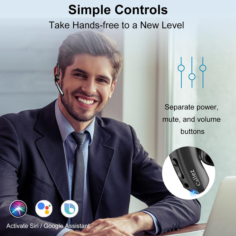 Callez Bluetooth Headset V5.0, Bluetooth Earpiece with CVC8.0 Dual Mic Noise Cancelling Wireless Headset for iPhone Android Cell Phone Trucker Business Office Work, Clear Chat Black
