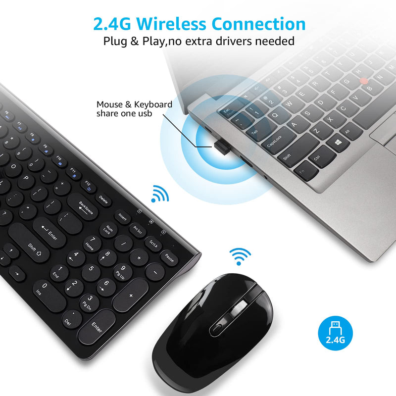 LeadsaiL Wireless Keyboard and Mouse Combo, 2.4G Cordless Mouse and Keyboard Set with Numeric Keypad, Ultra-Slim, Compact, Quiet, for Windows, Mac, Computer, Desktop, PC, Notebook, Laptop Black-Retro Key Cap