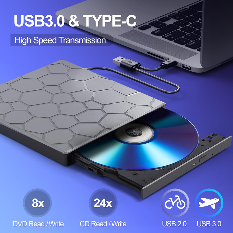 BPAKDU External CD/DVD Drive for Laptop, DVD Player for Laptop, 8 in 1 USB 3.0 Ultra-Slim Portable, CD Burner External Disk Drive Optical Compatible with Desktop Mac,Windows 11/10/8/7 Linux