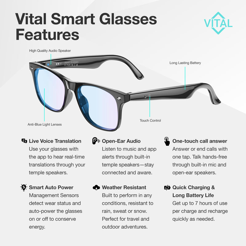 Vital Smart Glasses for Men Women AI Translation Open-Ear Bluetooth 5.3 | 164-Language Translator in Phone App, UV400 Blue-Light Blocker, Voice-Assistant Eyewear, Open-Ear Audio AI Glasses