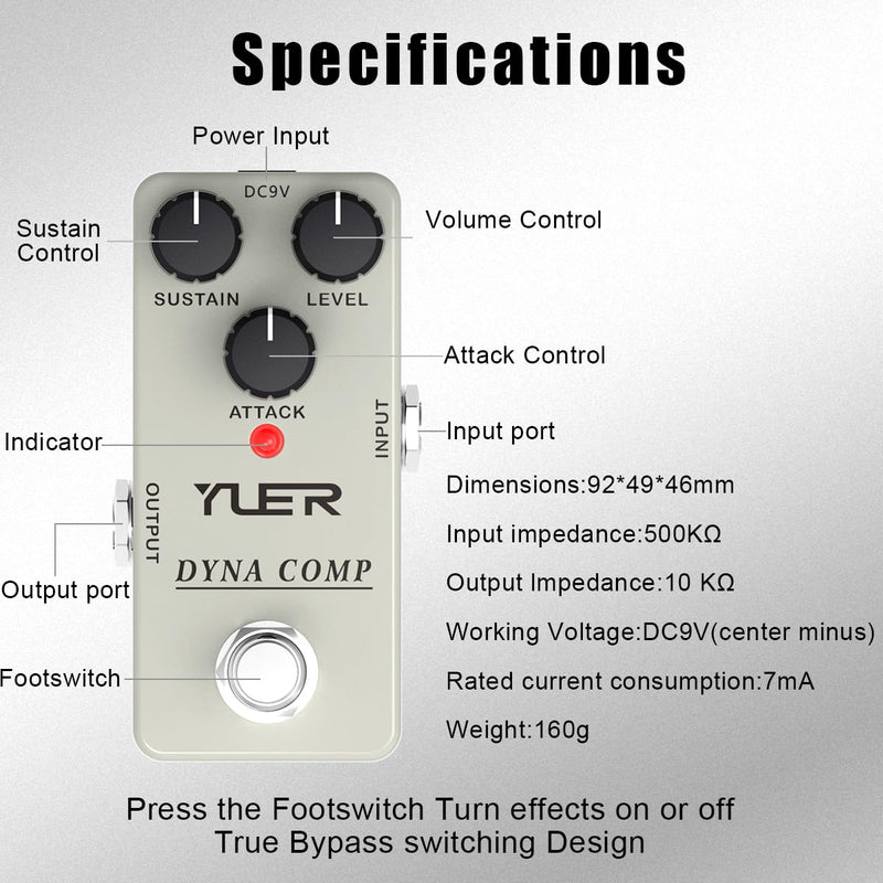 YUER Beginner Guitar Compressor Pedal Mini Dyna Compression Effect Pedal for Electric Guitar Analog Comp Easy to Use True Bypass Aluminum Case with Footswitch Cap