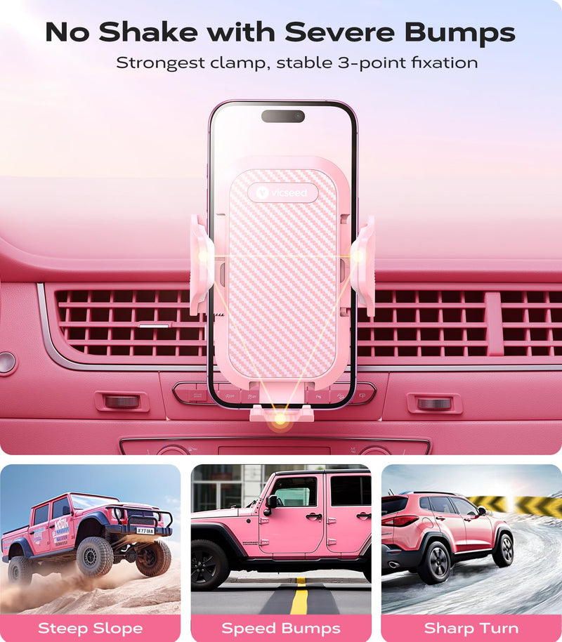 VICSEED Ultra Stable Pink Car Phone Holder Vent [Never Fall Off & Break] | Universal Vent Cell Phone Mount for Car Easy Clamp Automobile Cradle for iPhone 17 Pro Max 16 15 14 Car Accessories Women