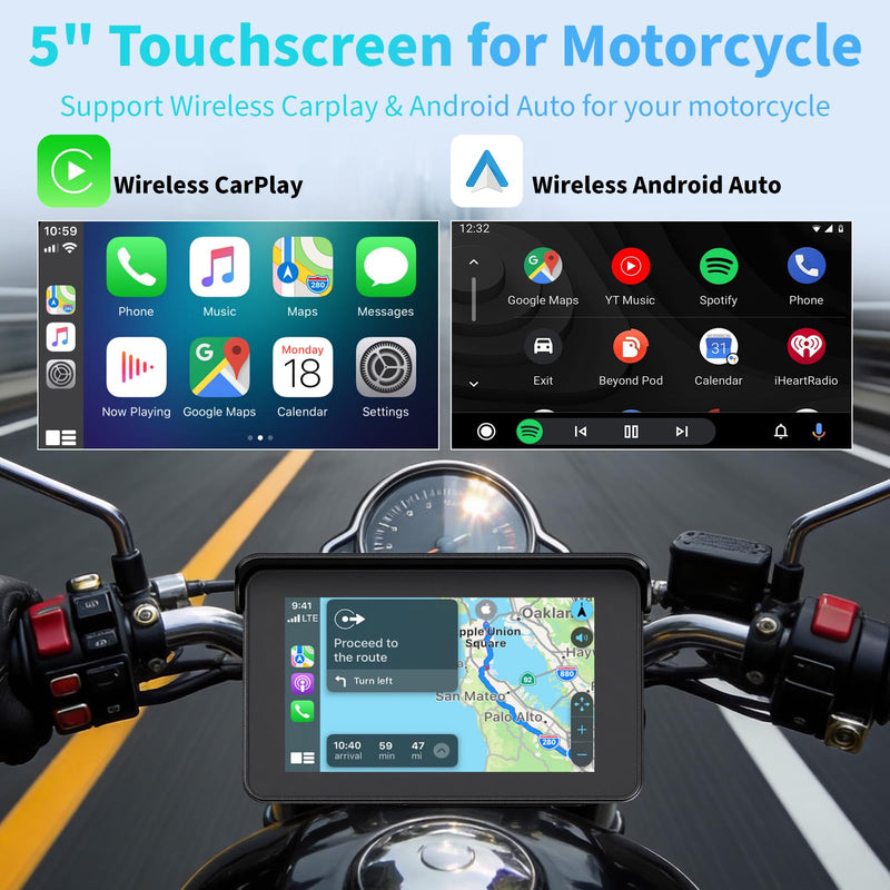 Motorcycle Carplay Screen with Wireless Apple Carplay & Android Auto, 5" Portable IP67 Waterproof Touchscreen Carplay GPS Navigation for Motor, Dual Bluetooth, Voice Control & Siri/Google Assistant
