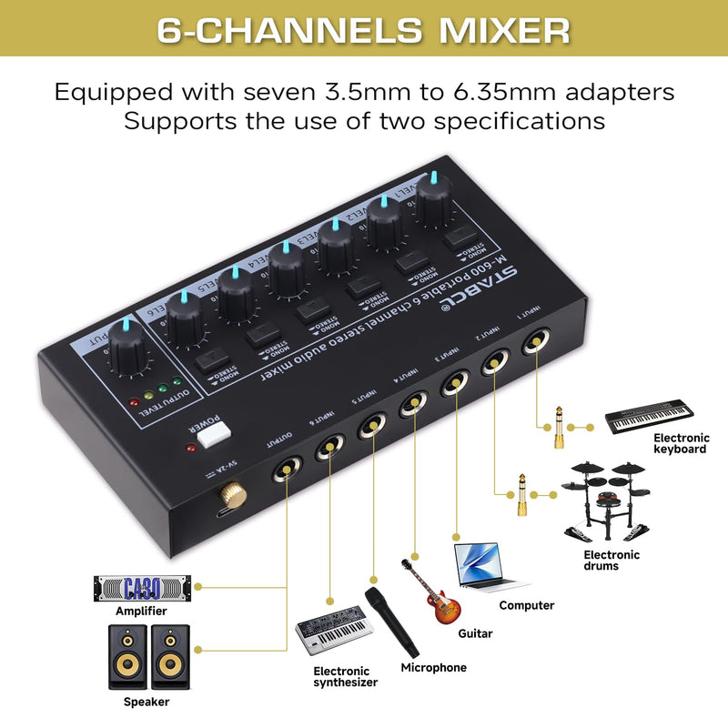 Mini 6-Channel Audio Mixer with 7 pcs 6.35mm to 3.5mm Adapter Jack, Stereo Line Mixer for Sub-Mixing, Multi-Input (Mic/Guitar/Keyboard/Bass), Powered by 5V DC