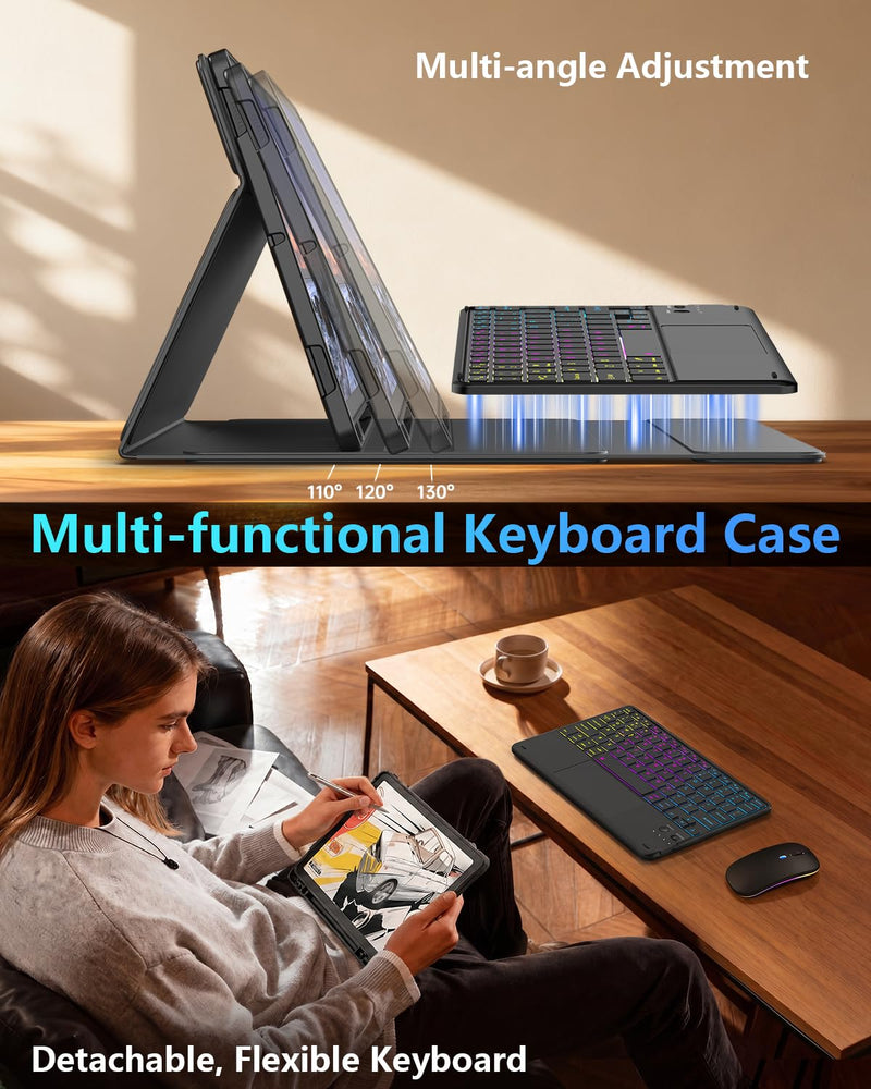 Keyboard Case for Samsung Galaxy Tab S10 Lite / S10 FE / S9 FE / S9 / S8 | 10.9-11 Inch Rainbow Backlit Keyboard Mouse, Multi-Touch Trackpad, S Pen Holder, Auto Sleep/Wake - Black 10.9-11 inch-Tab S10 Lite/ S10 FE/ S9 FE/ S9/ S8