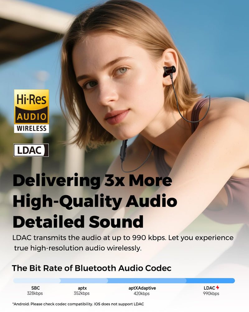 SoundPEATS Q40 HD - Sports Neckband Bluetooth Headphones - Black | LDAC Hi-Res Audio,Bluetooth 6.0, IP67 Waterproof Wireless Earbuds, 20H Playtime for Running Gym, Fast Charge Dual Pairing