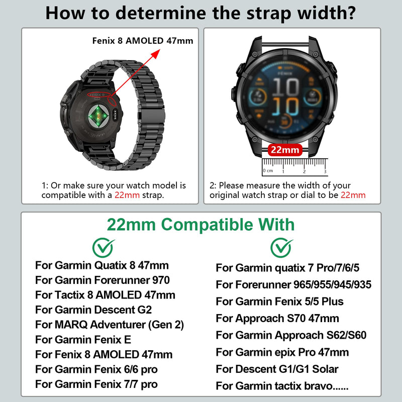 22mm Quickfit Watch Band Compatible with Fenix 8/tactix 8 AMOLED 47mm/Fenix E/Fenix 7 Pro/7/6 Pro/6/5 Plus/5/escent G2/G1 Solar/Forerunner 965/955/945/935/Quatix 7 6