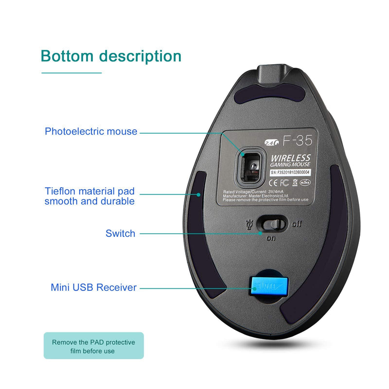 TRELC Ergonomic Mouse, 2.4G Wireless Vertical Optical Mouse with Adjustable Sensitivity (1000/1600/2400 DPI), 6 Buttons for PC, Desktop, Laptop, Notebook (Black) 2.4GHz