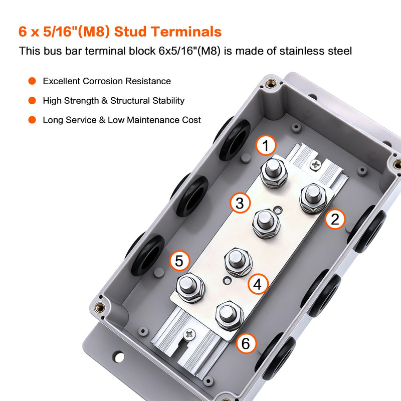 12-48V Heavy Duty 500A Bus Bar Tin-Plated Copper Block 6xM8(5/16") Studs Waterproof Belt Protective Coil Shell Battery Buss Bars for Automotive Boat RV Solar System Marine car Audio Wiring