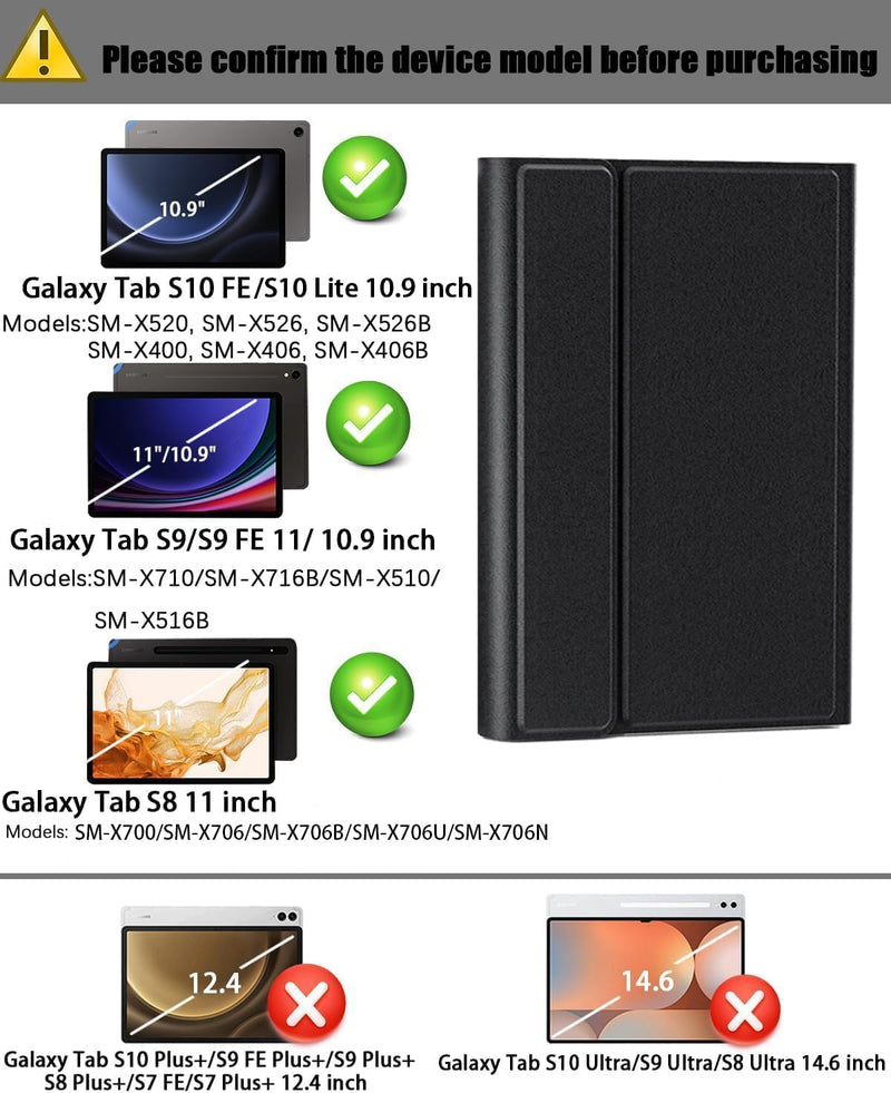 Keyboard Case for Samsung Galaxy Tab S10 Lite / S10 FE / S9 FE / S9 / S8 | 10.9-11 Inch Rainbow Backlit Keyboard Mouse, Multi-Touch Trackpad, S Pen Holder, Auto Sleep/Wake - Black 10.9-11 inch-Tab S10 Lite/ S10 FE/ S9 FE/ S9/ S8