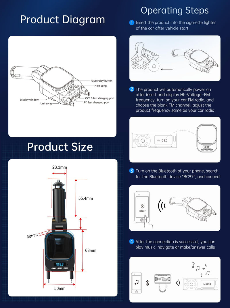 Retractable 96W Car Charger with Bluetooth 5.3 FM Transmitter for High Sound Quality, Easy Setup, 4-in-1 Fast Charging, Handsfree Calling, USB-C Adapter for iPhone 11-17
