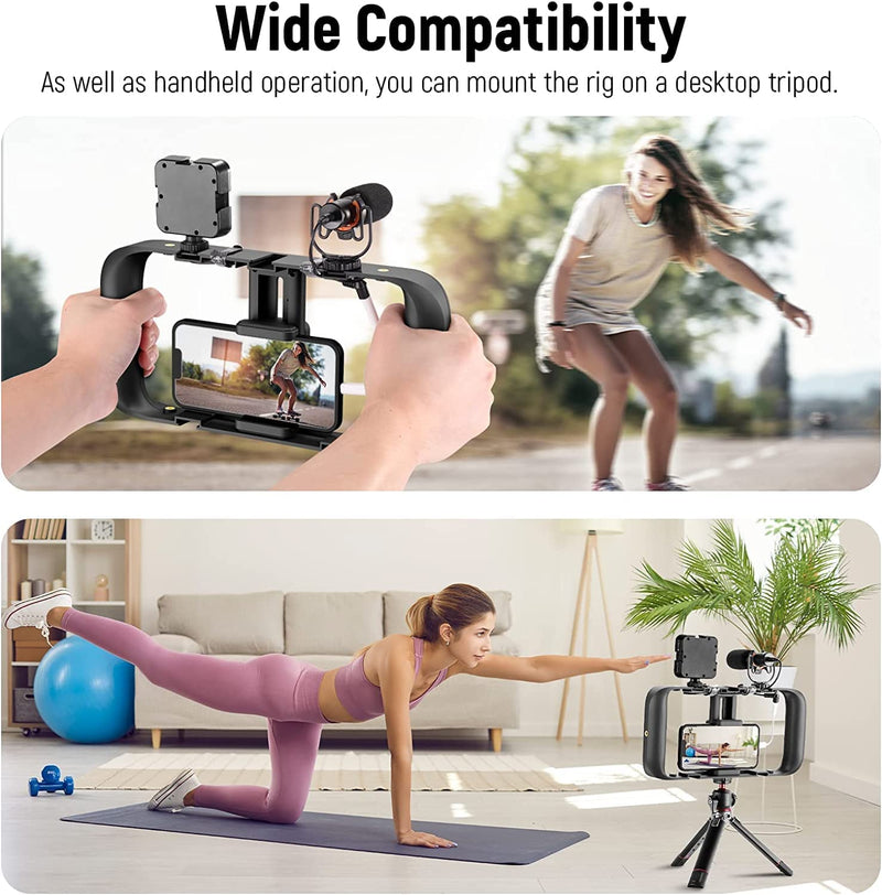 NEEWER Smartphone Video Rig, Phone Grip Stabilizer Vlogging Cage with Cold Shoe&1/4” Thread, Video Recording Filming Rig Compatible with iPhone 14 Plus/Pro Max 13 Mini/Pro Max X XS Max XR Android