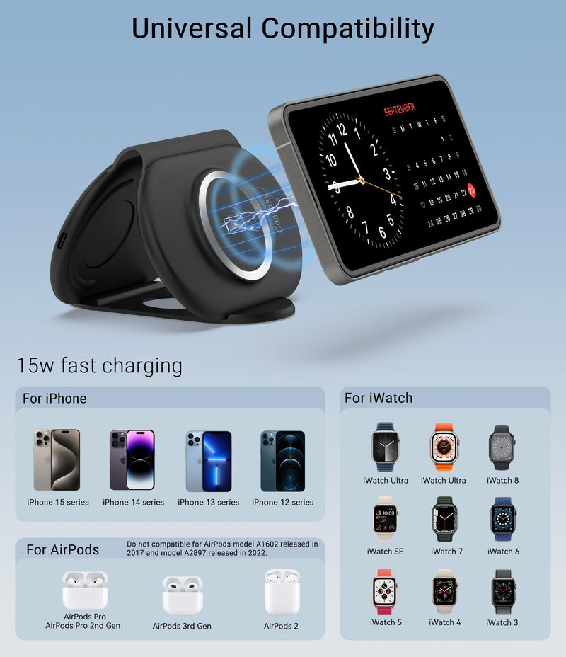 3 in 1 Wireless Charging Station, Magnetic Wireless Charger, Foldable Charger 3 in 1, Travel Charger for iPhone 15/14/13/12 Series, AirPods Pro/3/2, iWatch 2-9/Ultra (Adapter Included) Black