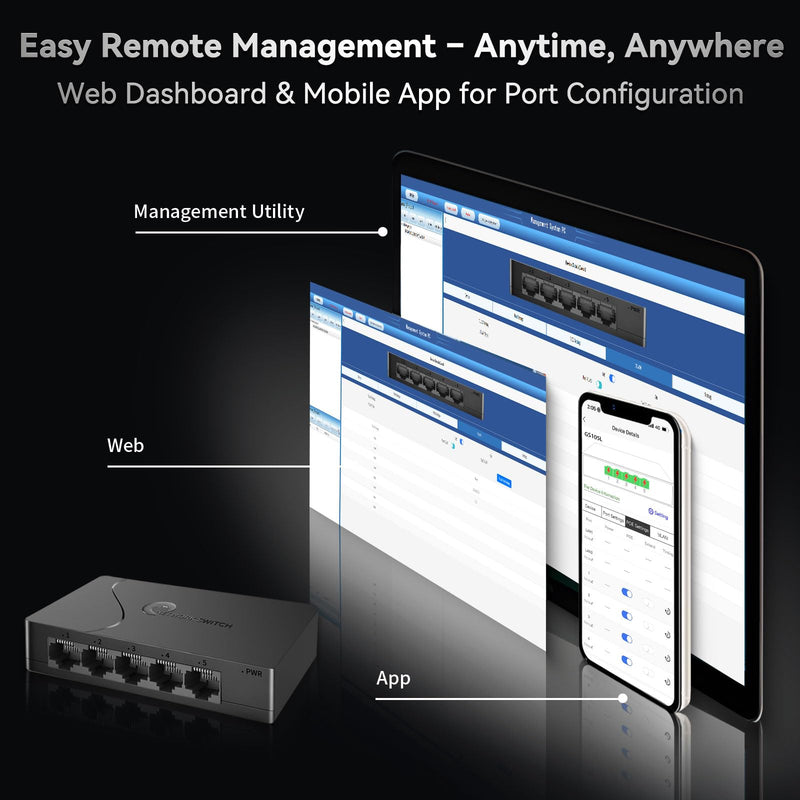 Goalake 5 Port Gigabit Managed Ethernet Switch, Easy Smart Network Splitter with VLAN & QoS, Desktop/Wall Mount, for Small Office Home Network No PoE-in 5 Ports