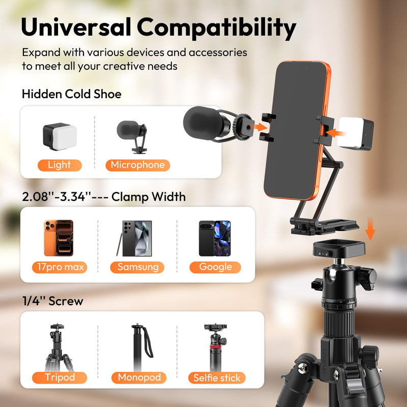 [AUSTRALIA] - ULANZI Phone Tripod Mount with Arca Uka Base, Foldable Mini Tripod with 2 Cold Shoes Handheld Grip Compatible with iPhone17/16/15/ Android, Metal Phone Clamp for Desktop Vlogging Travel 