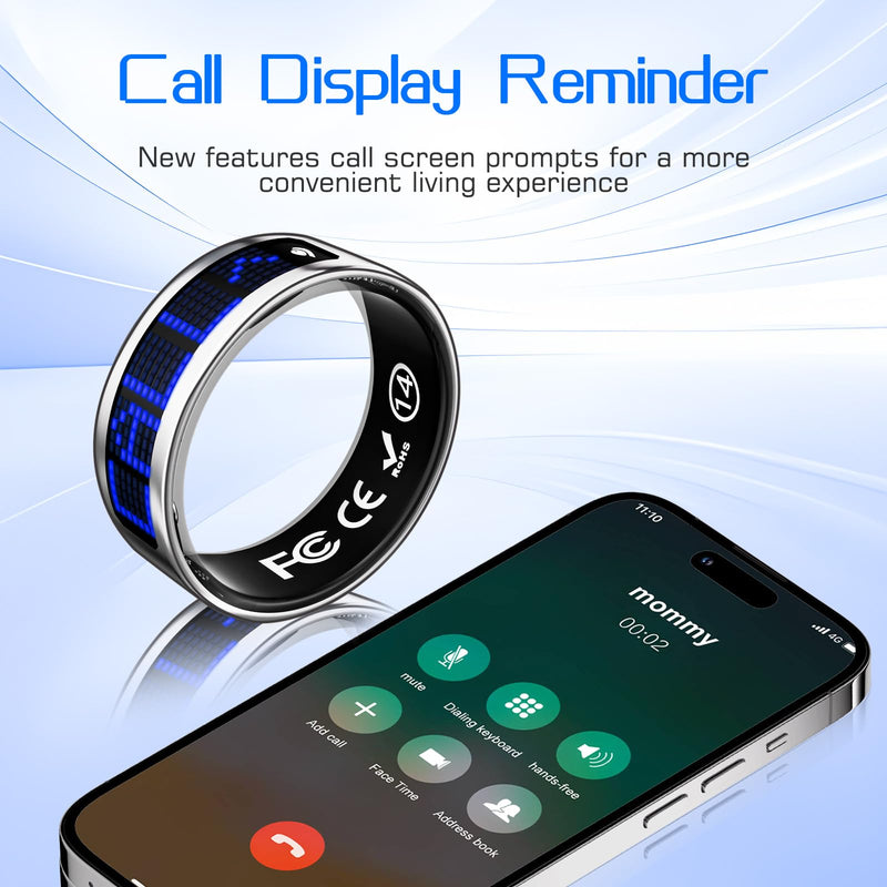 Smart Ring for Women & Men, Fitness & Health Tracker with Display Screen, IP68 Waterproof Smart Rings for Health Monitoring, Fitness Tracker Ring with Call Notification, No App Fees (Silver, 8#)