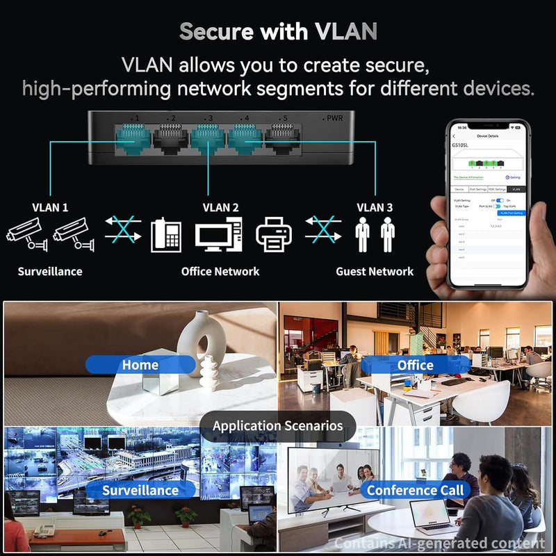 Goalake 5 Port Gigabit Managed Ethernet Switch, Easy Smart Network Splitter with VLAN & QoS, Desktop/Wall Mount, for Small Office Home Network No PoE-in 5 Ports