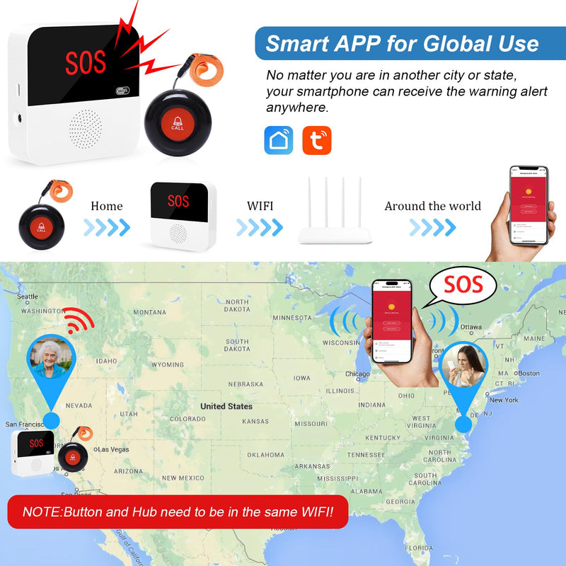 [AUSTRALIA] - WiFi Caregiver Pager System Life Alert Systems for Seniors No Monthly Fee Call Bell for Patients at Home Fall Alert Devices for Elderly 3 SOS Call Button 1 Receiver(only Supports 2.4GHz Wi-Fi) 3 Button & 1 Receiver 