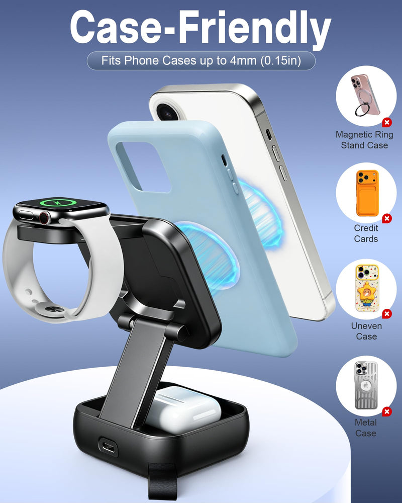 3 in 1 Charging Station for Apple Devices, Wireless Charger Stand | Foldable Magnetic Fast Wireless Charging Station for MagSafe iPhone 17 16 15 14 13 12 Series, Apple Watch & AirPods