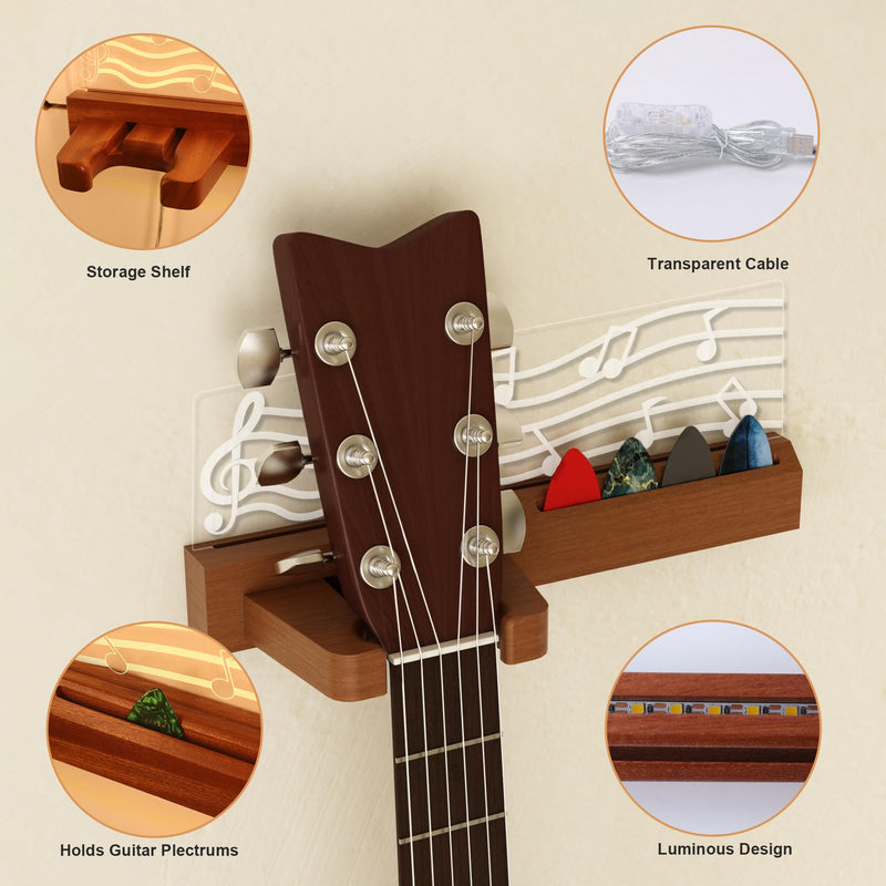 Guitar Wall Mount Stand with LED Lights - Solid Wood & Acrylic USB-Powered Guitar Accessories - Gift for Men, Guitar Players, Music Lovers (for Acoustic, Electric Bass, Ukulele) Warm yellow music note