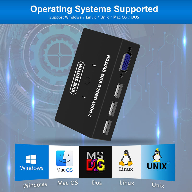 USB VGA KVM Switch for 2 PC Sharing 1 Video Monitor and 3 USB Devices, Keyboard Mouse Scanner Printer, for Laptop PC Windows Mac OS System 2 Port VGA KVM