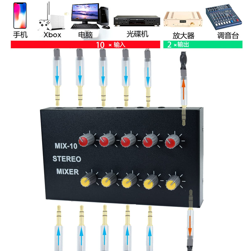 [AUSTRALIA] - audio mixer Powered 10 Channels input 2 output Mini Audio Mix with 3.5mm Stereo for Broadcasting, Podcasting, Streaming,phone Recording and PC Gaming mixing mix102 