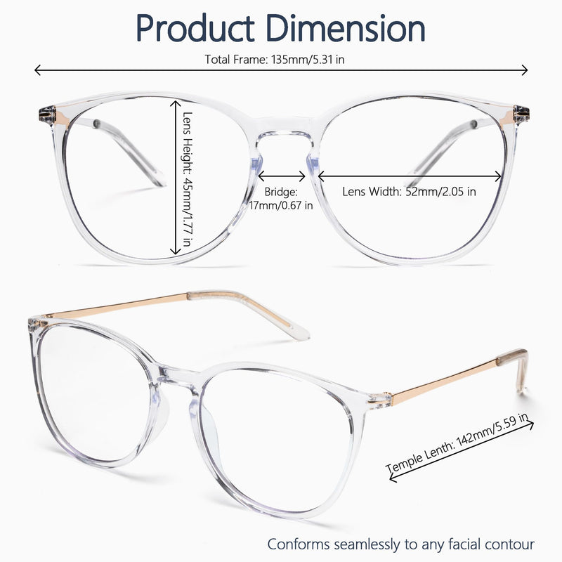 Blue Light Blocking Glasses - Round Frame Metal Arms Computer Screen Glasses for Women Men Anti UV Glare JF6237 A2 - Clear