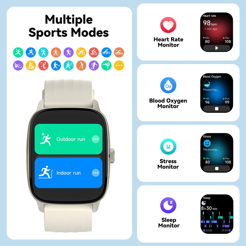 Smart Watch Senior Friendly No App No Phone Required, Waterproof Pedometer | Present for Parents, Waterproof Fitness Tracker, Step Counter, Heart rate Monitor, Sleep Tracker, Alarm Clock, Stopwatch Almond