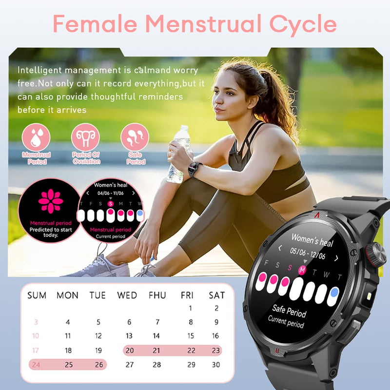 AOLON 1.43” AMOLED Smart Watch, 1ATM Waterproof Military Fitness Tracker | AOD Display Bluetooth Call Compass AGPS, Heart Rate SPO2 Sleep Monitor for Men Black