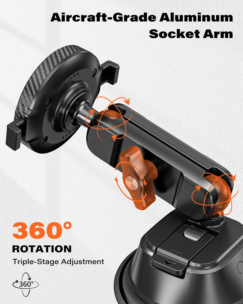 A2C One-Lock Ultra Heavy-Duty Vacuum Suction Cup Car Mount – Integrated Magnetic Auto-Align & One-Click Lock/Release, Aircraft-Grade Aluminum Arm, Built for Off-Road & Rugged Driving