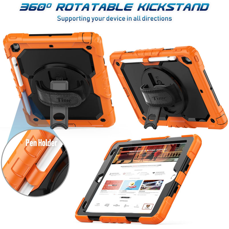 Timecity Case for iPad 9th/ 8th/ 7th Generation 10.2 inch (Case for iPad 9/8/ 7 Gen): with Strong Protection, Screen Protector, Hand/Shoulder Strap, Rotating Stand, Pencil Holder - Orange Black+Orange