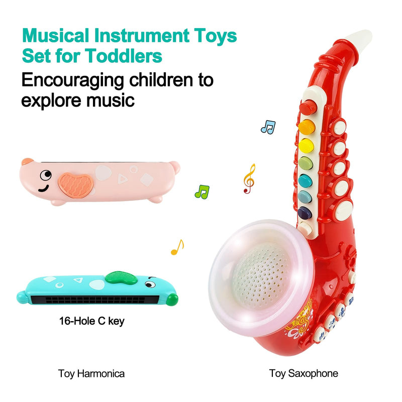 Toy Saxophone with Light & Sound, Toy Harmonica for Kids, Early Educational Toy Musical Instrument Toys for Toddlers Girls Boys Age 3+ (Red) Red