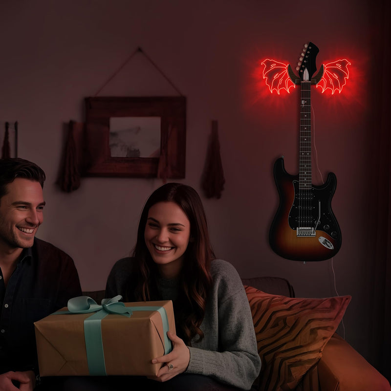 Guitar Stand Wall Mount with Luminous Devil Wings, Acrylic Wooden Guitar Hanger Shelf with USB Powered, for Acoustic Electric Bass Ukulele, Gift for Music Lovers Guitar Players Red devil
