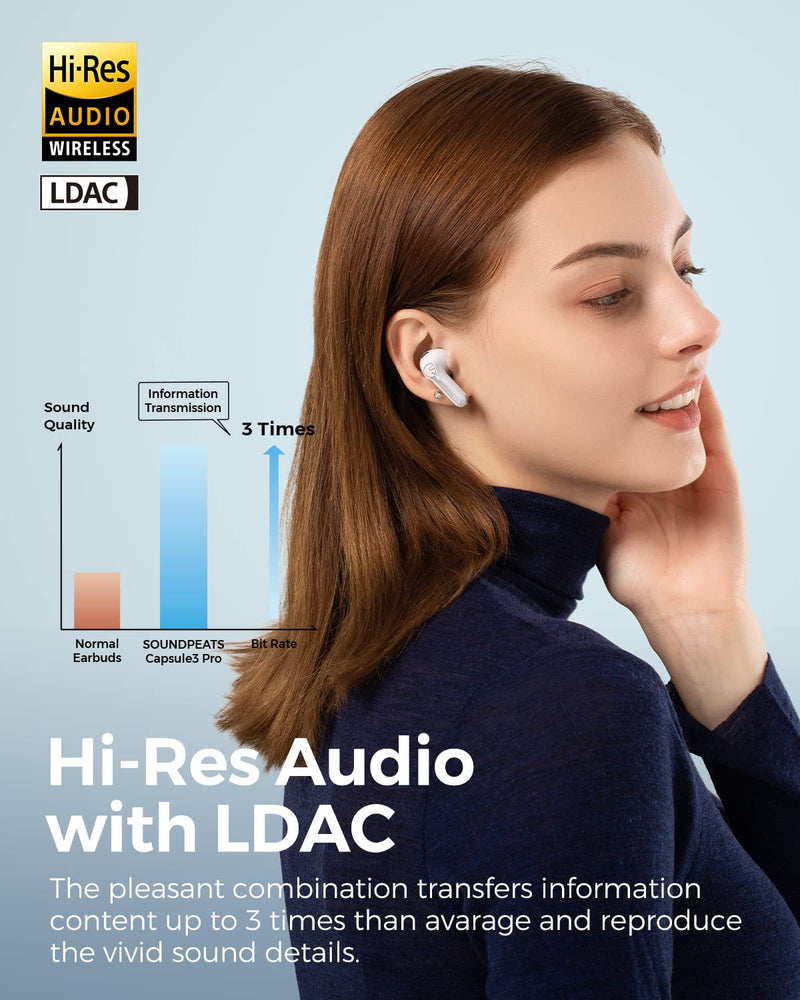 SoundPEATS Hybrid Active Noise Cancelling Earbuds Wireless Bluetooth 5.3 Earphones, Capsule3 Pro Hi Res Wireless Ear Buds with 6 Mics & LDAC, 43dB ANC, Total 52 Hrs, IPX4 Waterproof, App Customize EQ White