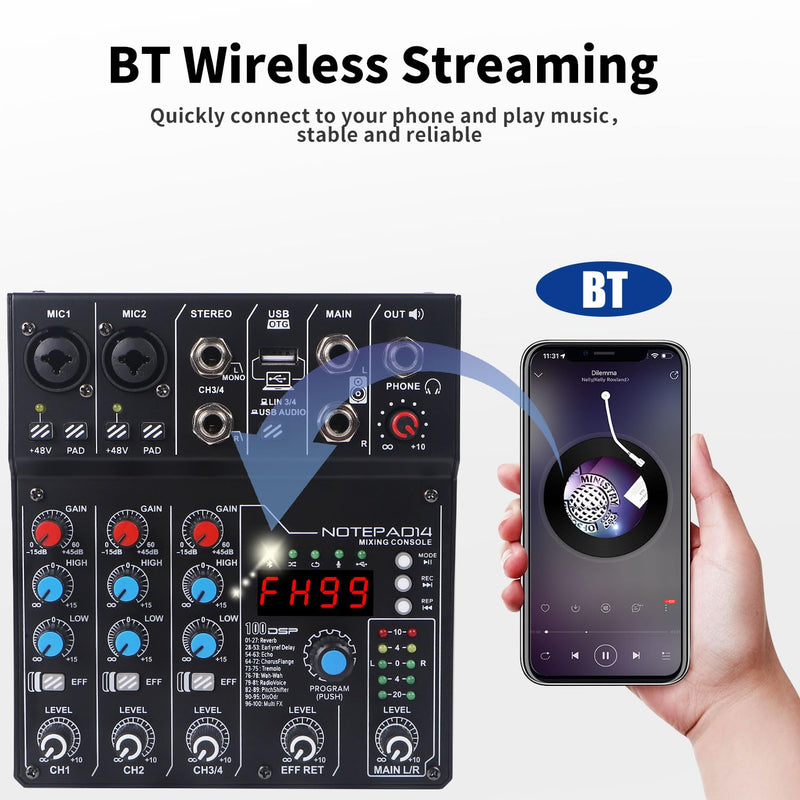 4 Channel Audio Mixer with 99 Sound Effects for PC,BT DJ Mixer Portable Sound Mixing Console with USB Recording Input for Live Streaming,Podcasting,DJ Show,Wedding