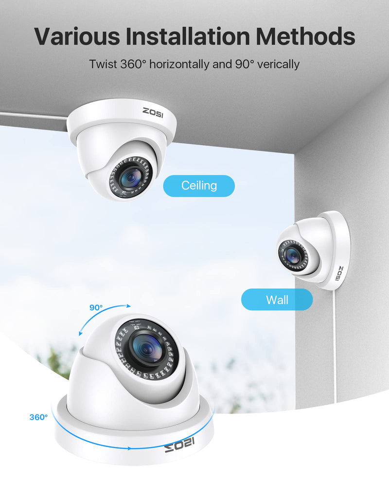 ZOSI 2MP 1920TVL Hybrid 4 in 1 TVI CVI AHD CVBS Security Camera,1080P HD Weatherproof Outdoor Indoor Surveillance Cam,Night Vision,For 960H,720P,1080P,5MP,4K analog DVR - White Wired-1Cam