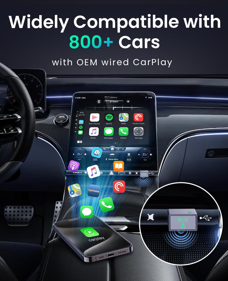 Wireless CarPlay Adapter for iPhone, Apple CarPlay Wireless Adapter 2024, Plug & Play Conversion from Wired to Wireless Bluetooth CarPlay, No Latency for iOS 10+ and Cars from 2016, USB Tpye A USB Type A