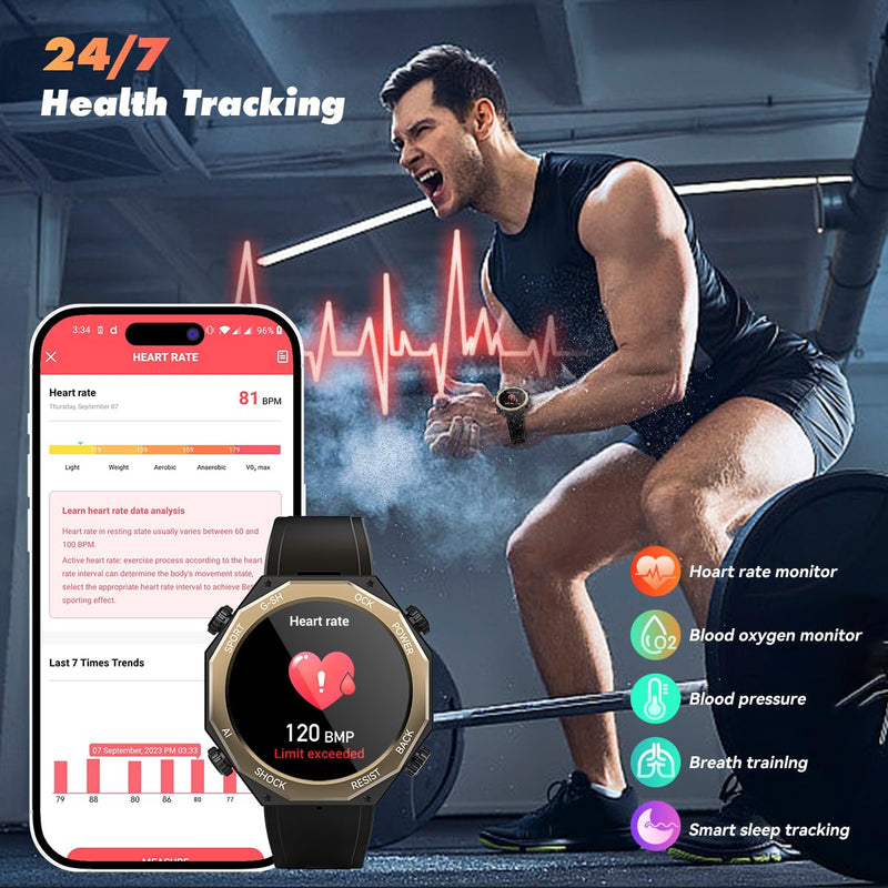 Alpha Gear Smart Watch for Men 680mAh 1.45" AMOLED 5ATM Waterproof Fitness Tracker Watch Heart Rate Blood pressure Blood Oxygen Sleep Monitor Bluetooth Calls Military Smartwatch for iOS Android Black